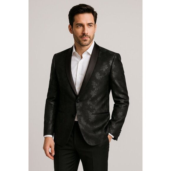 Express Other - Express Men’s Slim Fit Black Floral Jacquard Blazer - 44R Evening, Formal Party